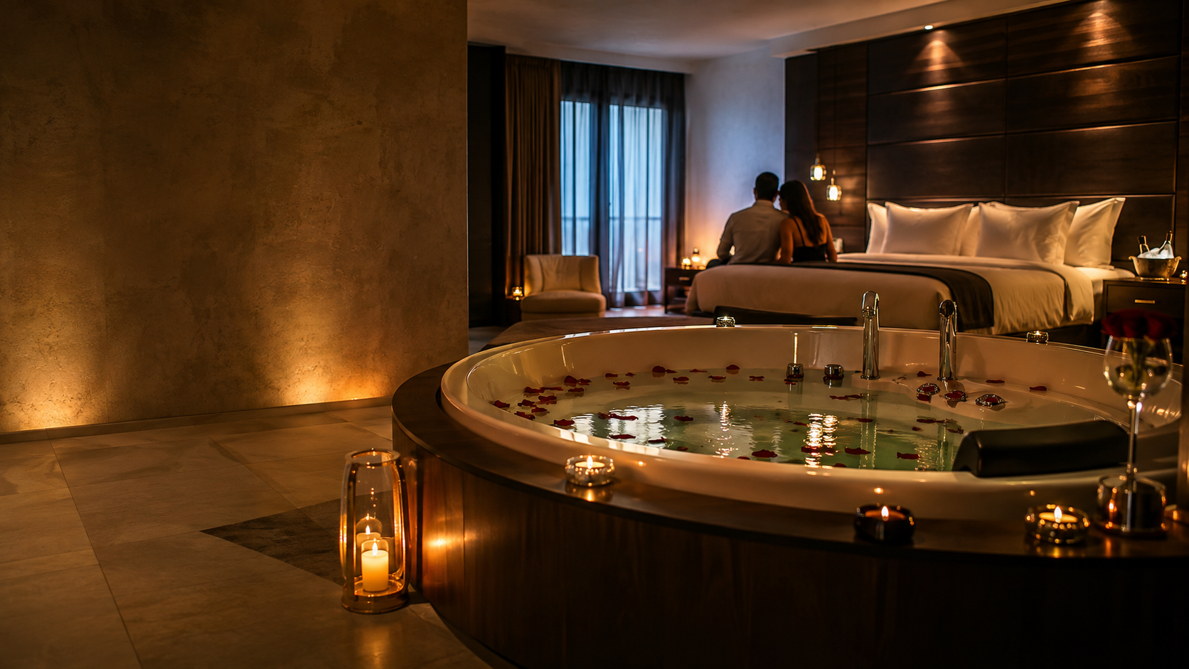 Loveroom avec jacuzzi illuminé bleu, LEDs rouges et kit de voyage coquin posé sur le lit