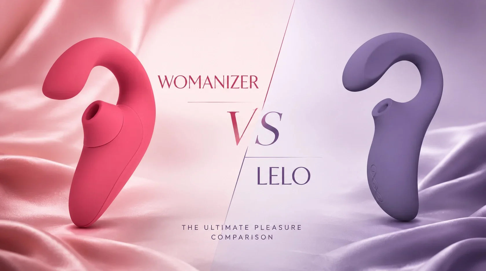 Comparatif Womanizer rose et stimulateur Lelo violet posés côte à côte sur table de nuit en bois