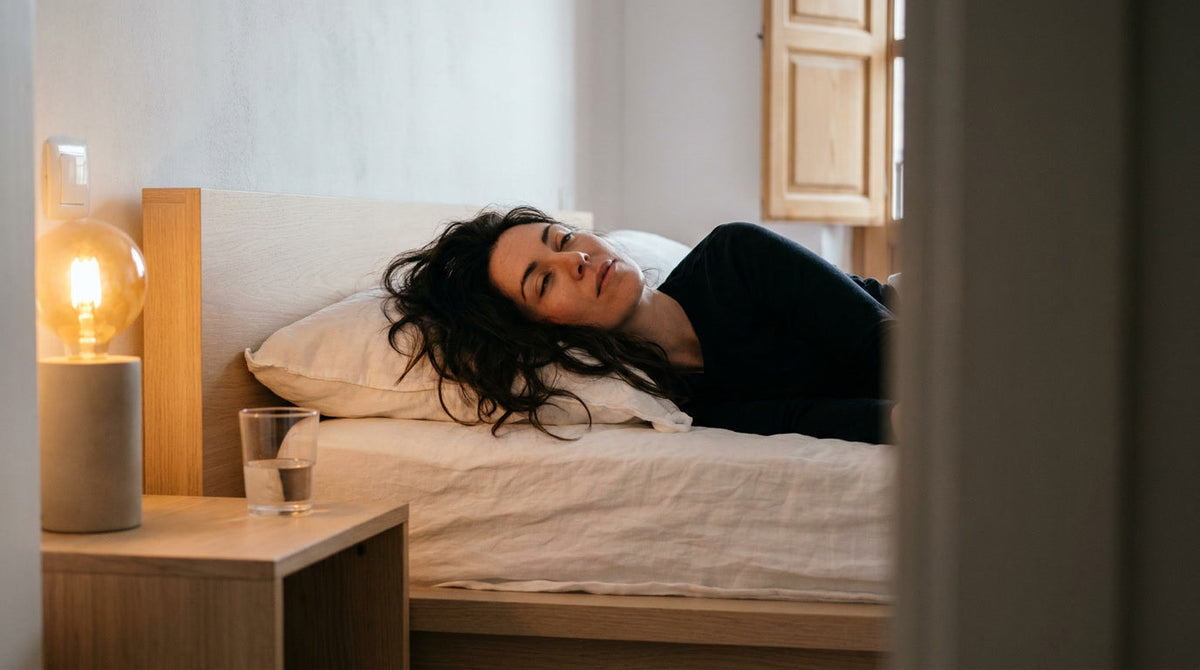 Femme allongée seule dans un lit aux draps blancs froissés, lumière ambrée de chevet, état de lâcher-prise total