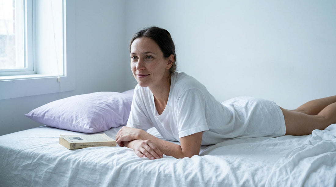 Femme allongée sur un lit blanc avec un sourire de découverte, ambiance intimiste lumineuse