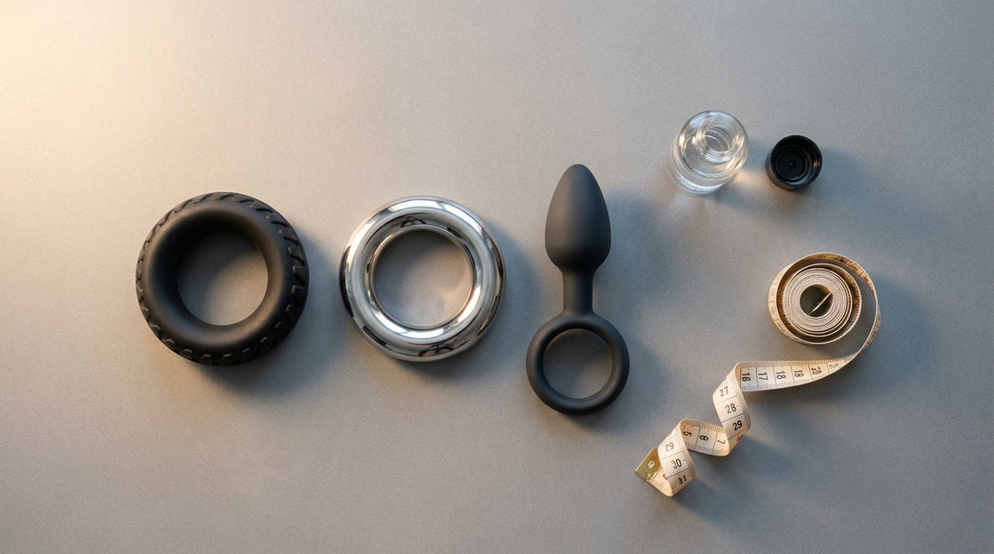 Trois cockrings posés sur béton gris — silicone noir, acier et plug anal, avec lubrifiant et centimètre