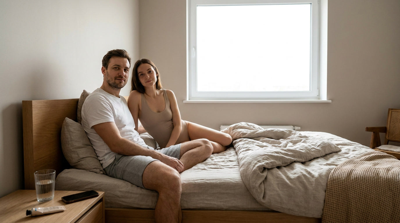 Homme et femme assis sur un lit défait, regard caméra, atmosphère intime bienveillante sur les complexes corporels