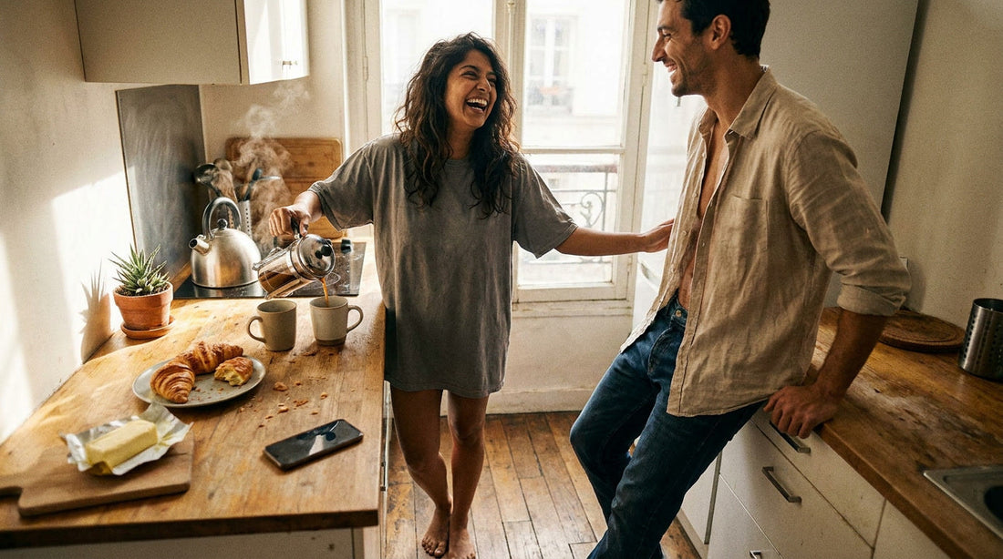 Couple complice qui rit ensemble le matin — retrouver la joie et la flamme dans son couple