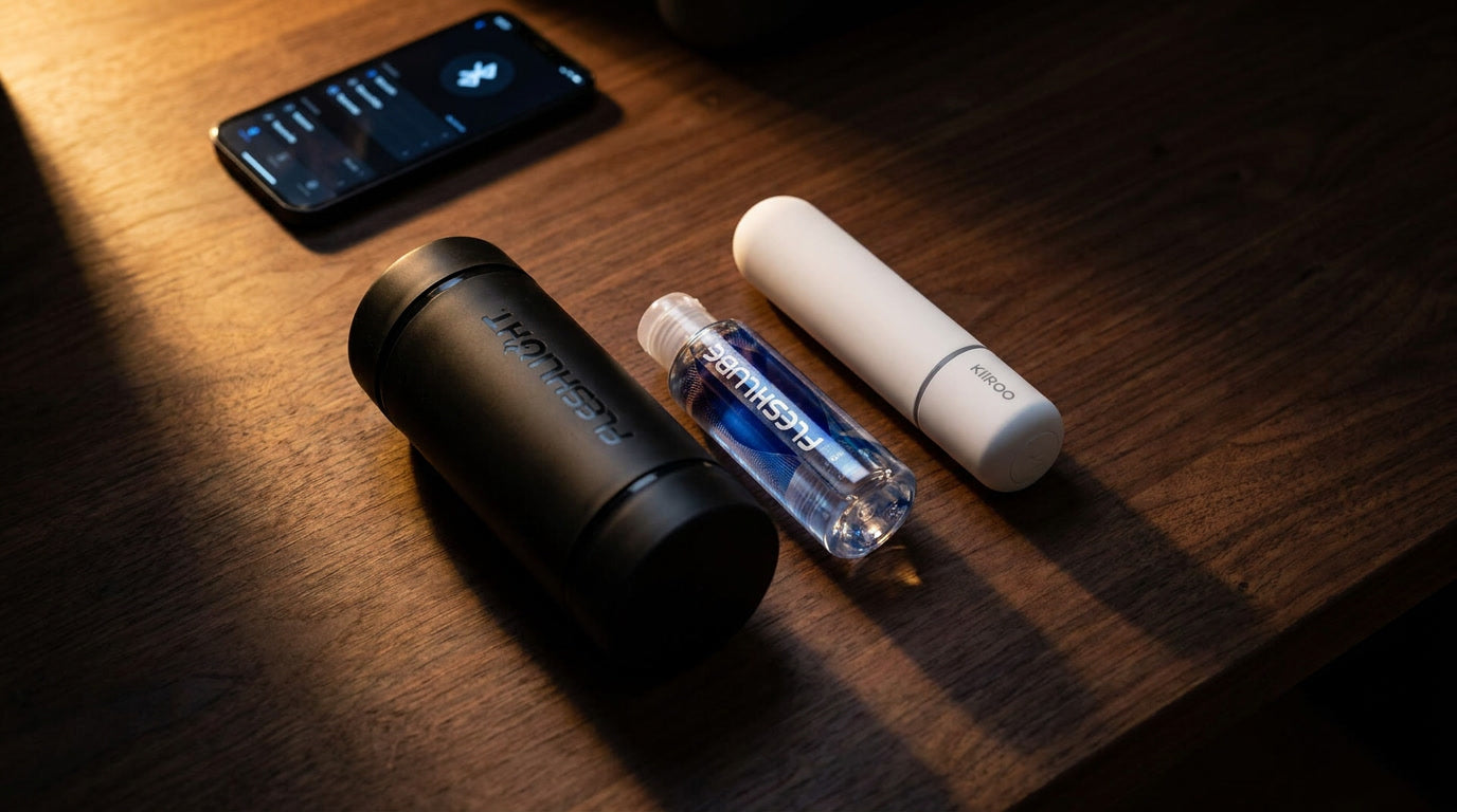 Comparatif Fleshlight et Kiiroo Titan posés côte à côte sur bois sombre avec lubrifiant Fleshlube