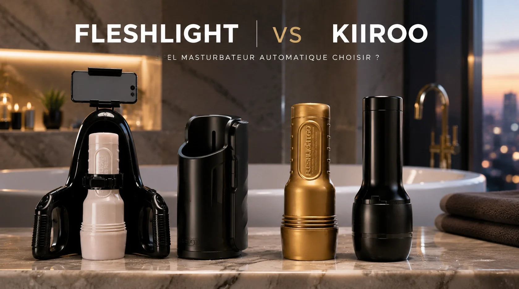 Comparatif Fleshlight et Kiiroo Titan posés côte à côte sur bois sombre avec lubrifiant Fleshlube