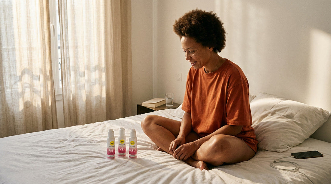 femme choisissant son lubrifiant posé sur le lit le matin