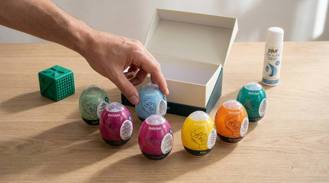 Coffret six œufs masturbateurs Satisfyer ouverts sur bois clair avec lubrifiant et dé Tenga émeraude