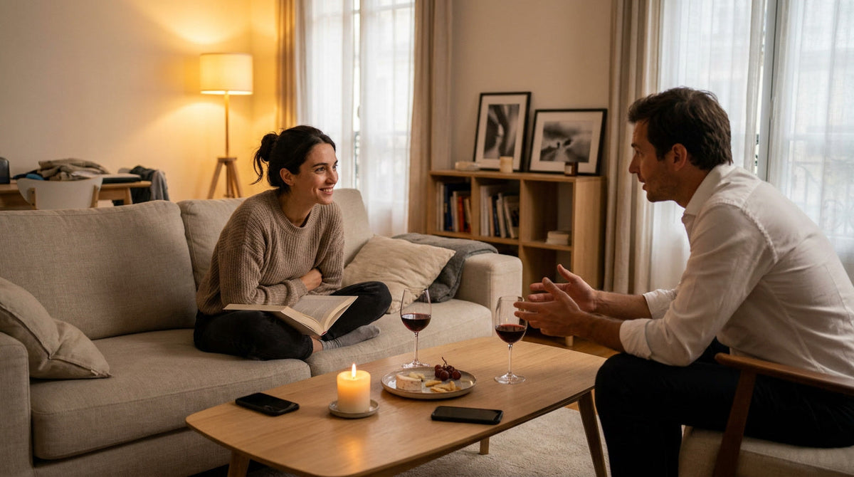 Couple en conversation intense dans un salon moderne le soir, verres de vin et livre ouvert sur la table