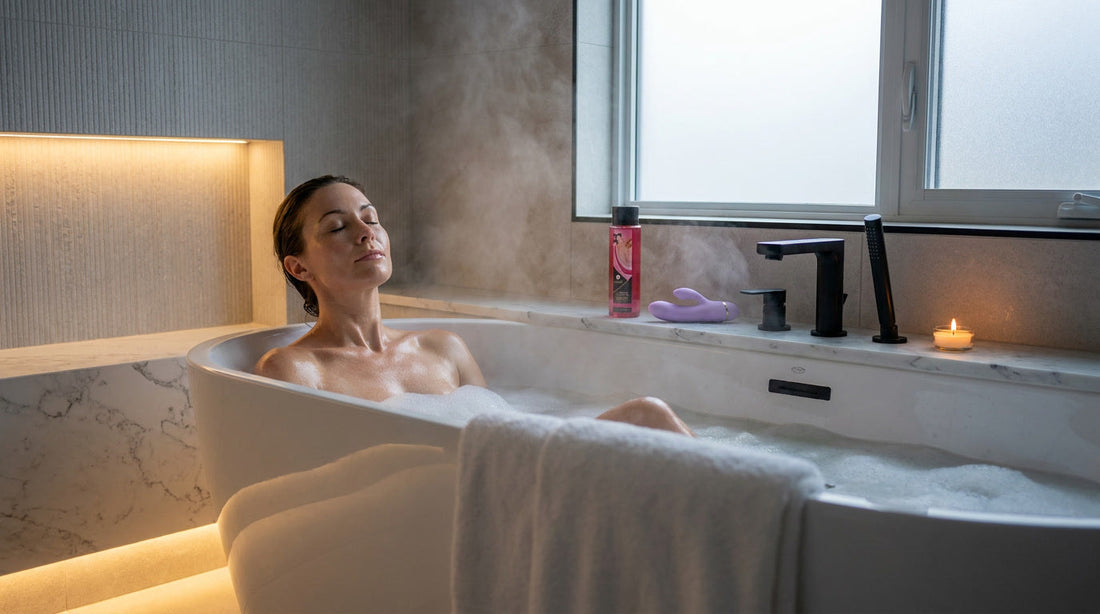 Femme dans un bain chaud avec vibromasseur étanche et gel douche Shunga sur le rebord