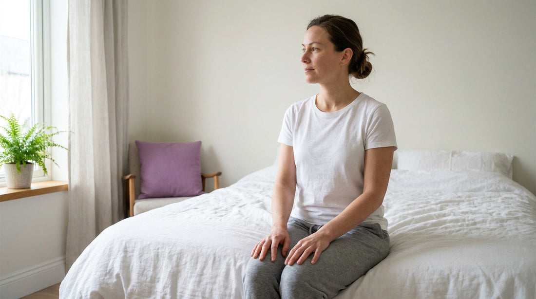 Femme sereine assise sur un lit blanc regardant la lumière d'une fenêtre, atmosphère calme et apaisée