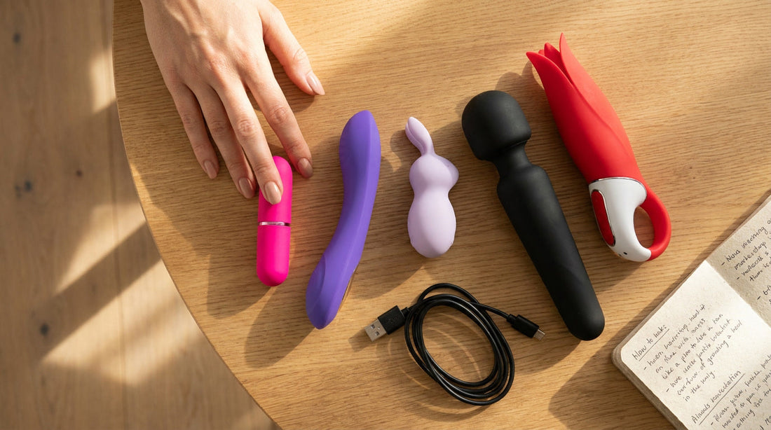 Quatre vibromasseurs de formats différents posés sur une surface en bois clair, guide d'achat Adopt1Toy