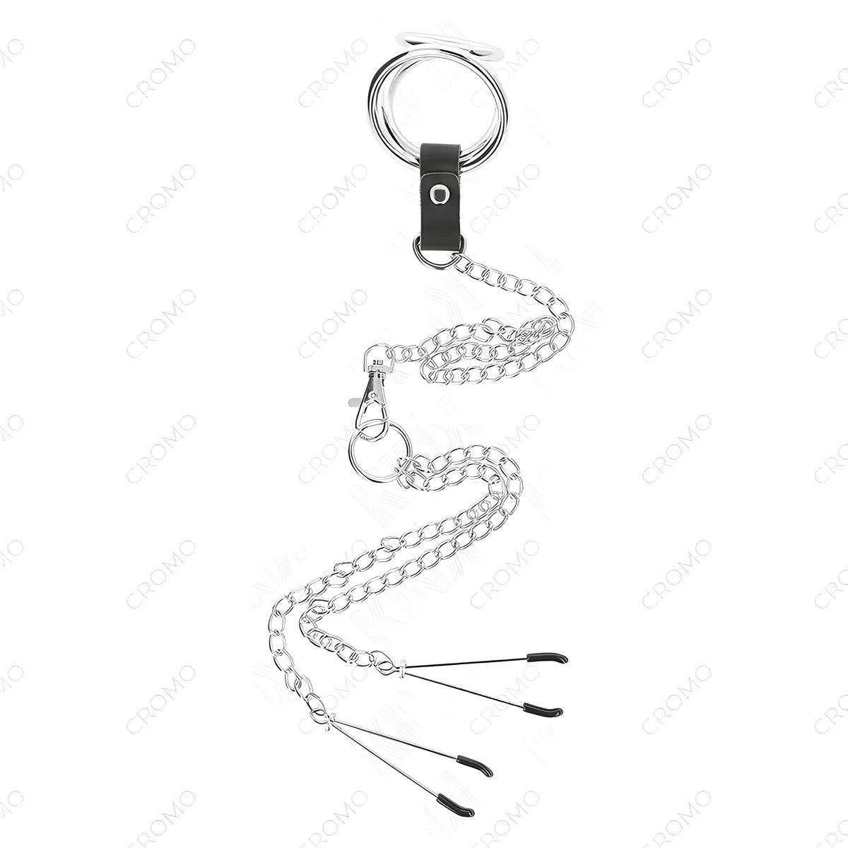 kink anneau penis en metal triple chrome 3 cm a 4 5 cm avec chaine en metal de 26 cm et pinces a tetons