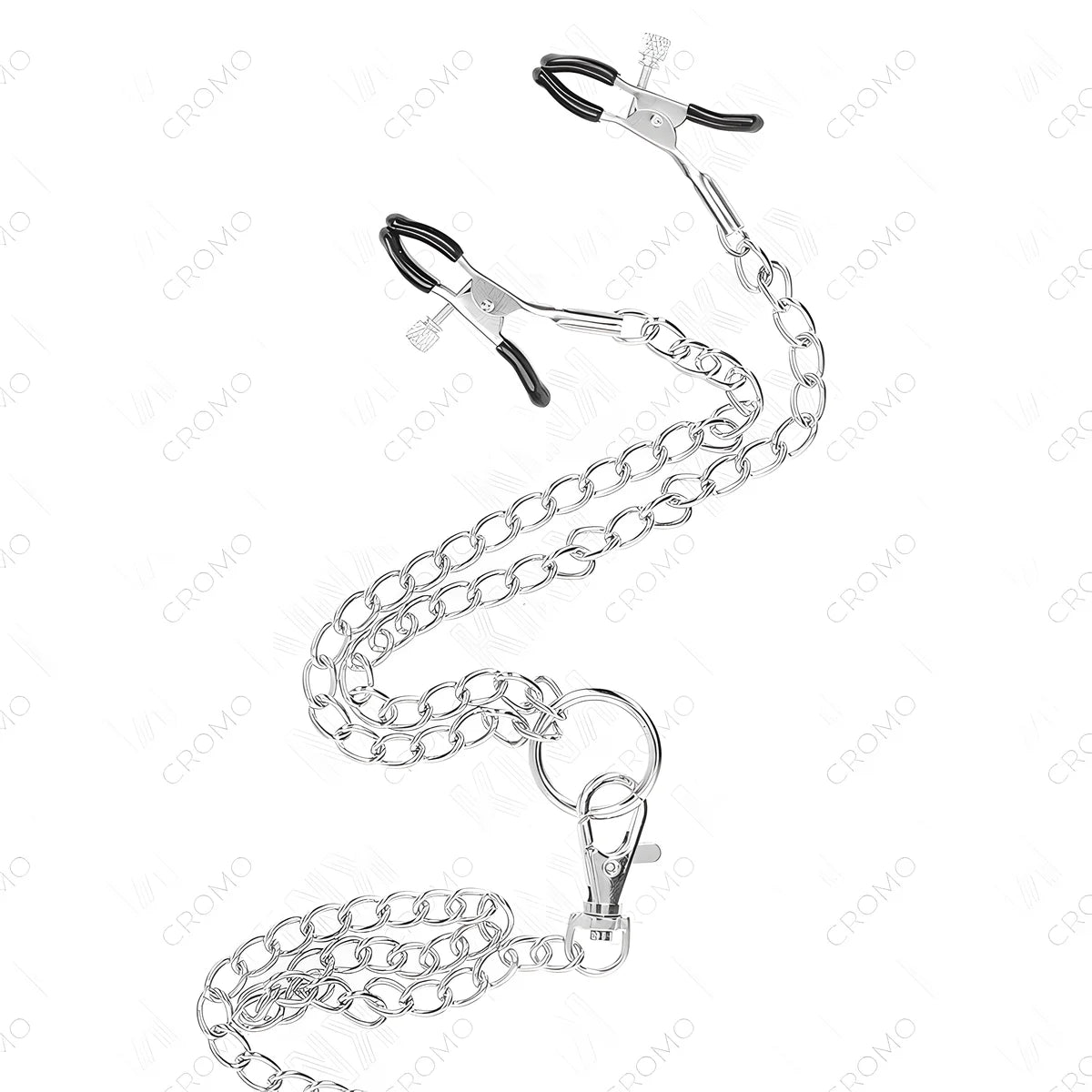 kink anneau penis en metal triple chrome 3 cm a 4 5 cm avec chaine en metal de 26 cm et pinces a tetons 1