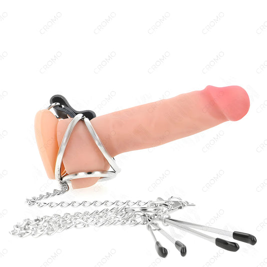 kink anneau penis en metal triple chrome 3 8 cm a 5 cm avec chaine en metal de 26 cm et pinces a tetons modele 2