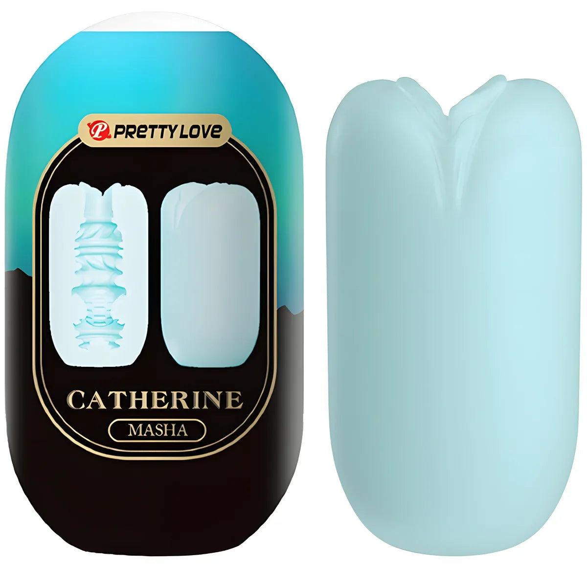 Boite Catherine Masha Pretty Love et oeuf masturbateur bleute de profil, ouverture en tulipe et matiere souple extensible en TPR, format compact et discret pour homme