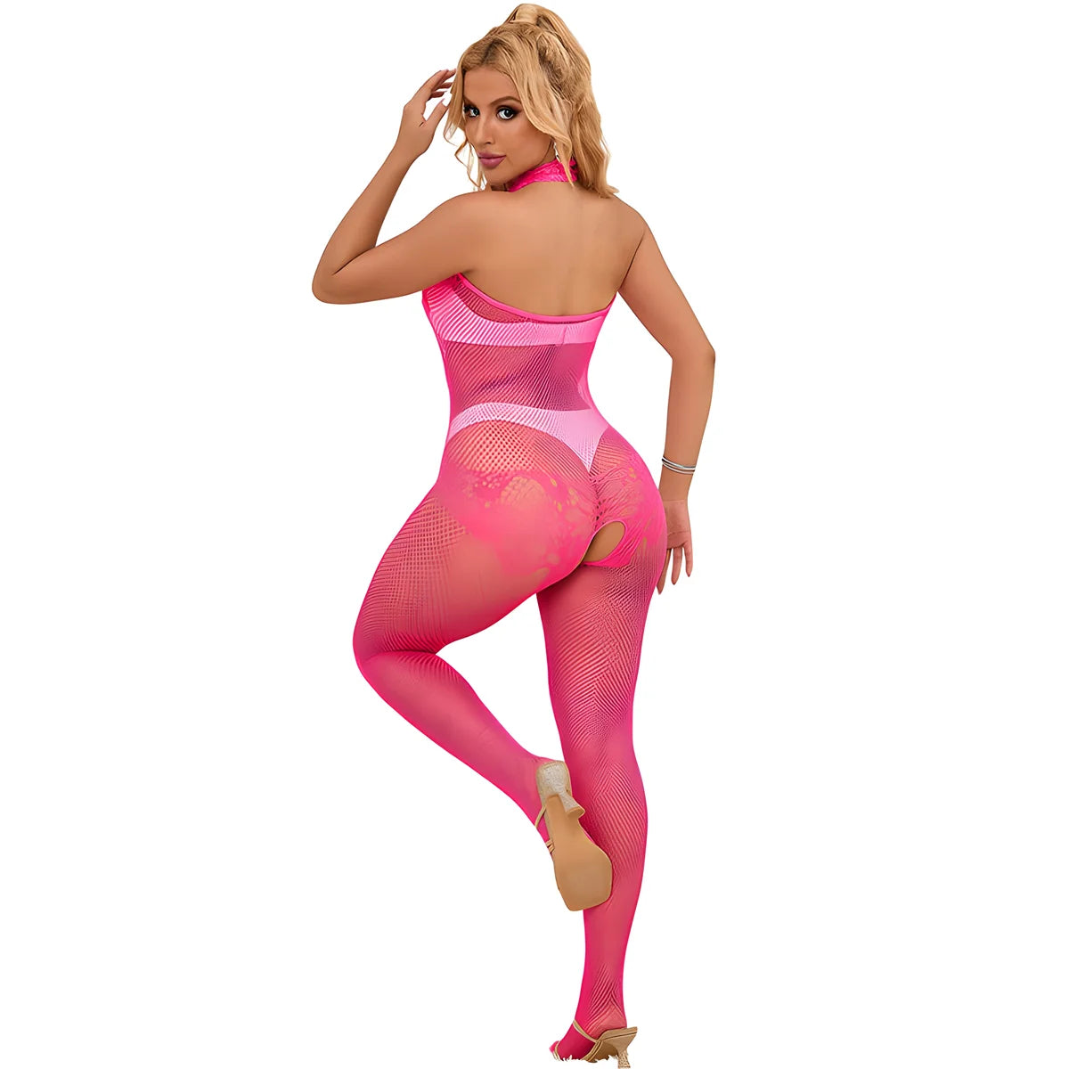 subblime 952389 bodystocking resille et dentelle sans fourrure avec col montant rose taille unique