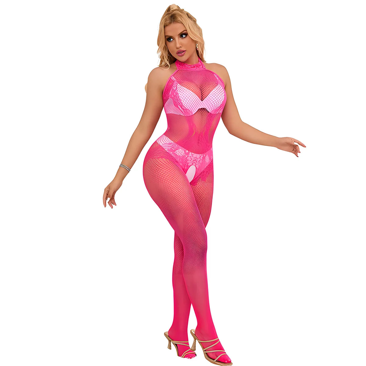 subblime 952389 bodystocking resille et dentelle sans fourrure avec col montant rose taille unique