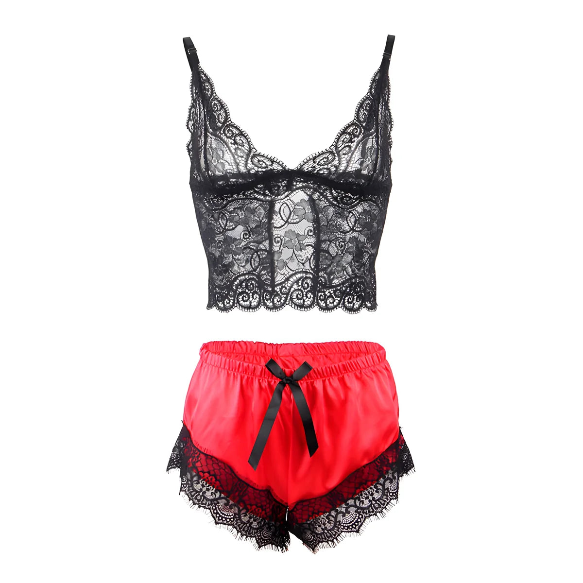 subblime 953959 chemise de nuit decontractee en soie pantalon en dentelle noir rouge s m
