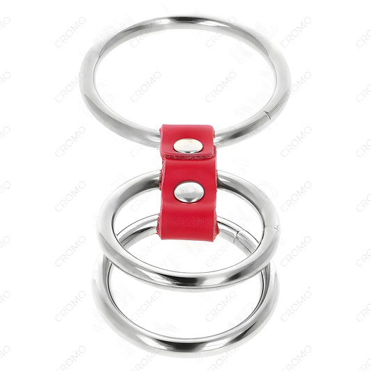 kink anneau penis triple metal 3 7 cm a 5 cm connecte avec du cuir rouge