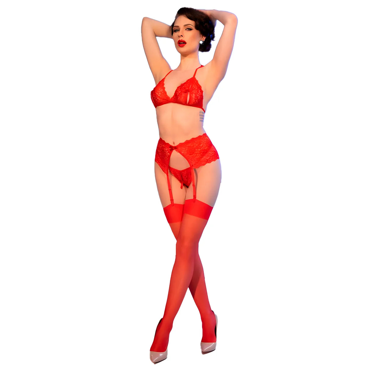 chilirose cr 4848 set sujetador tanga medias de encaje rojo s