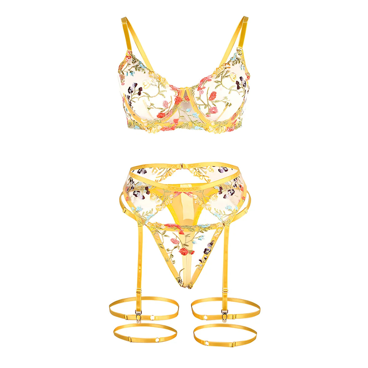 subblime 954345 soutien gorge string porte jarretelles motif floral jaune s m