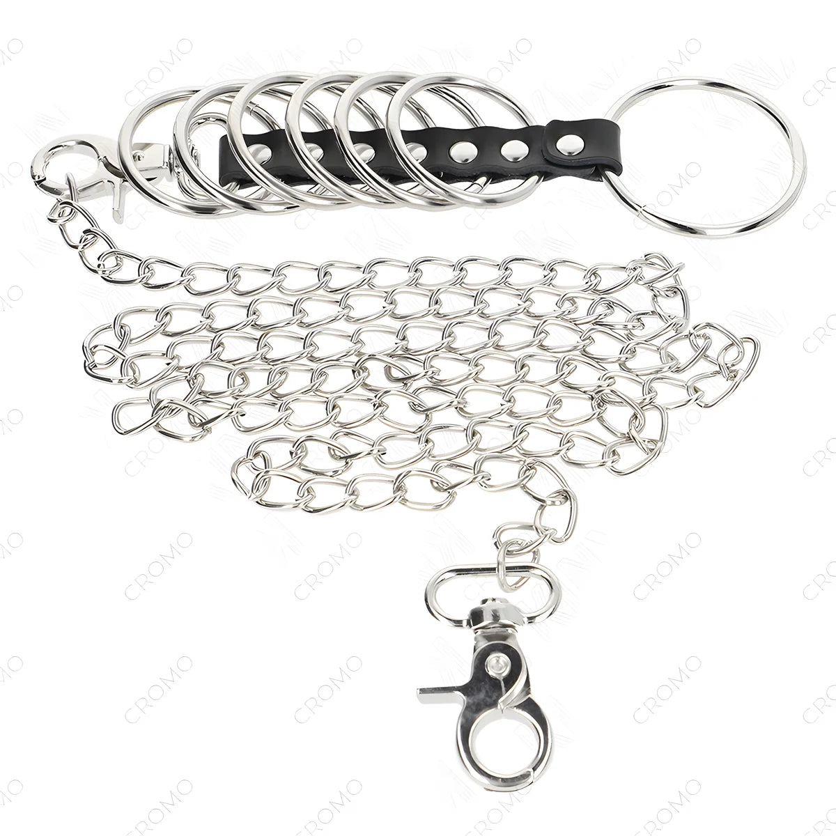 kink 7 anneaux penis en metal de 3 8 cm a 5 cm connectes avec du cuir et une chaine en metal 100 cm