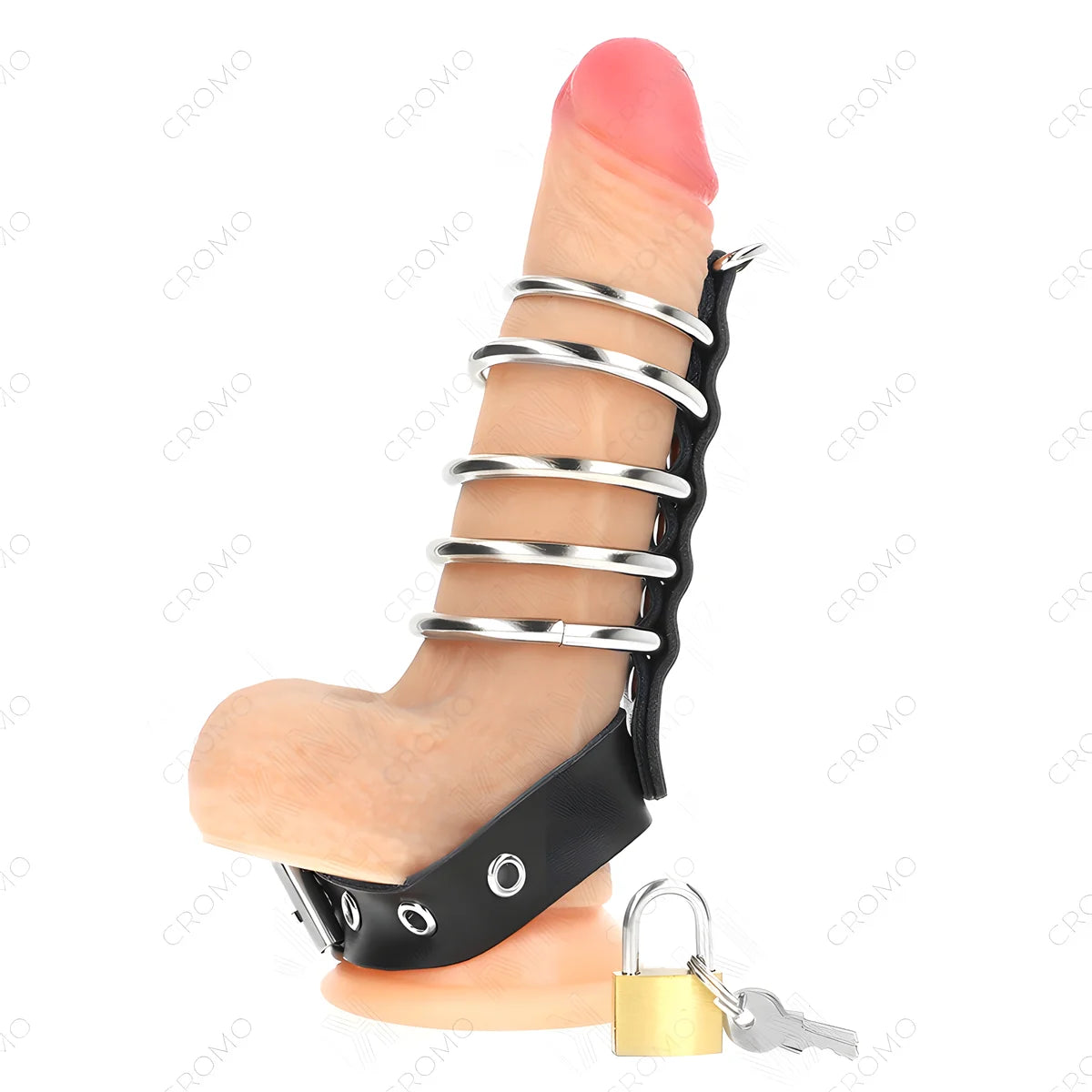 kink anneau penis en cuir avec sangle de verrouillage 21 x 2 cm et 5 anneaux metalliques de 3 cm a 4 cm
