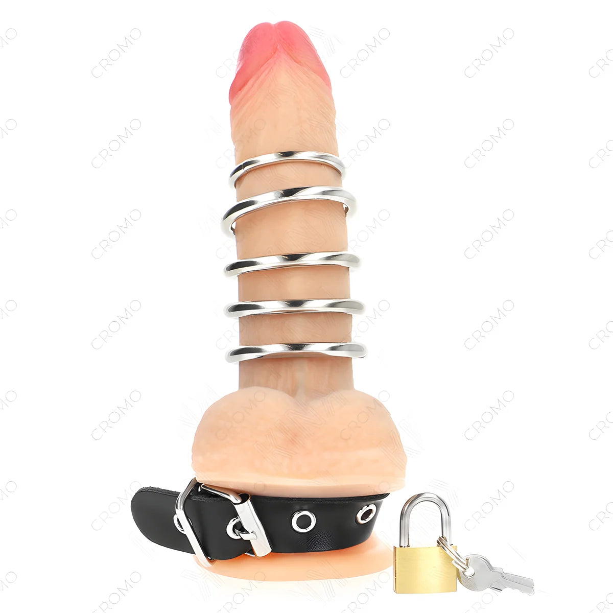 kink anneau penis en cuir avec sangle de verrouillage 21 x 2 cm et 5 anneaux metalliques de 3 cm a 4 cm