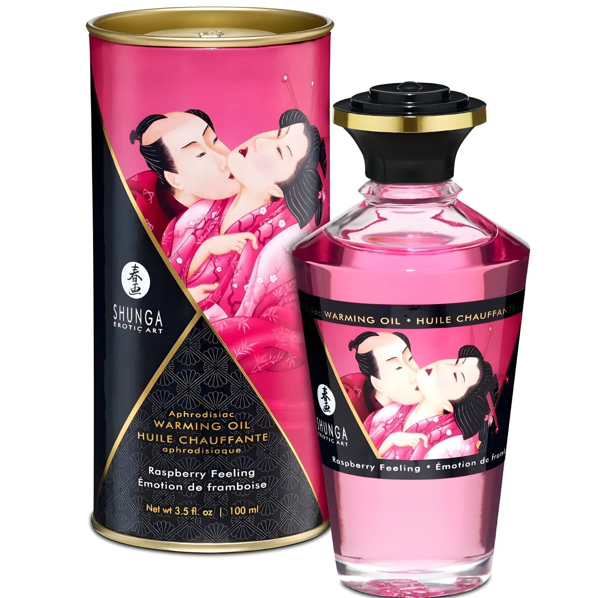 shunga huile de massage effet thermique saveur intense de framboise 100 ml