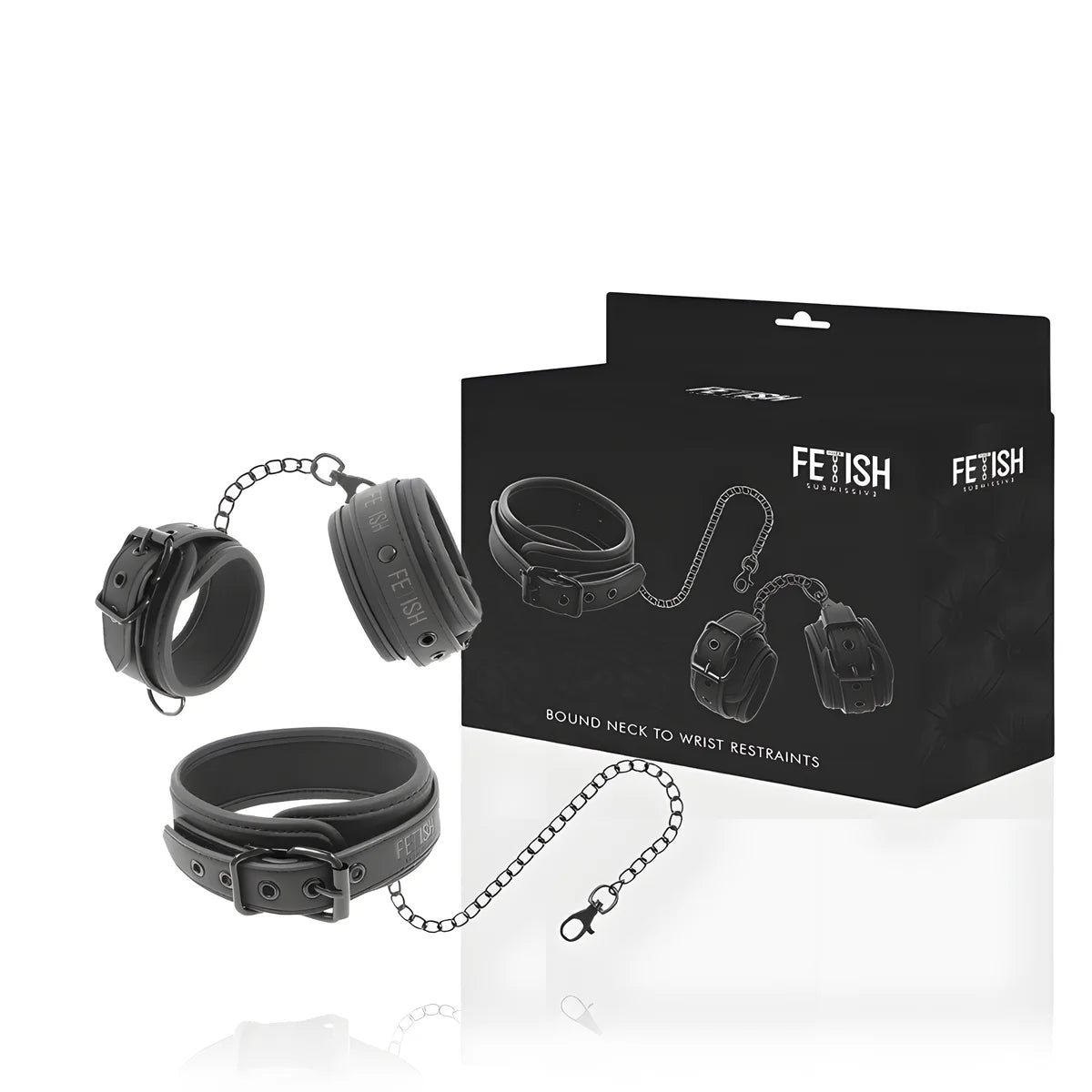 fetish submissive collier et menottes en cuir vegan avec doublure en noprene