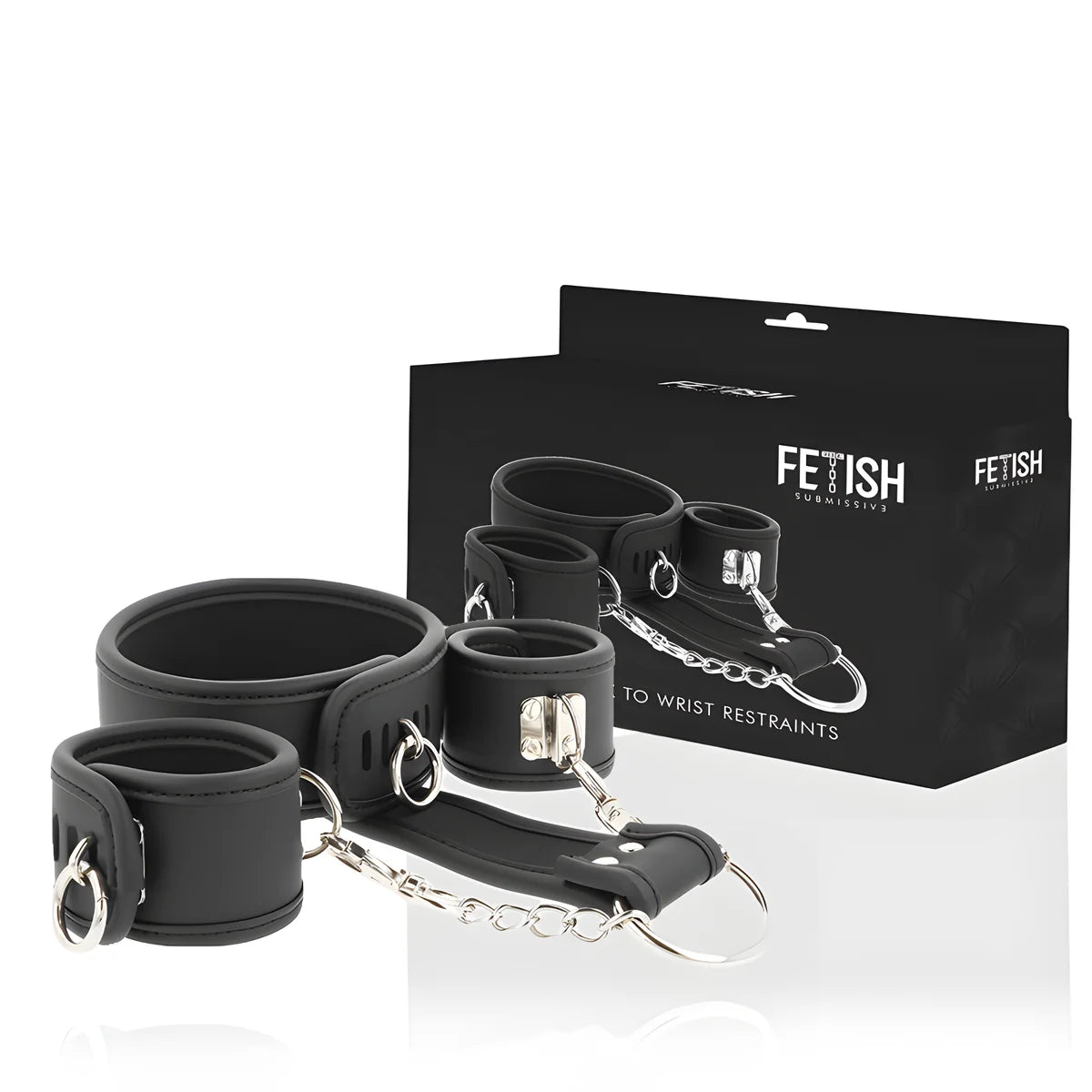 fetish submissive collier et menottes en cuir vegan avec doublure en noprene 1