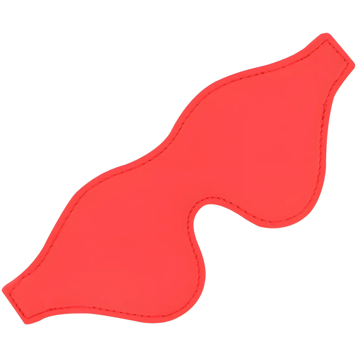 Masque occultant Darkness en vinyle rouge a la silhouette ondulee, vu de trois quarts. Bandeau pour les yeux a elastique reglable destine aux jeux sensoriels fetiches.