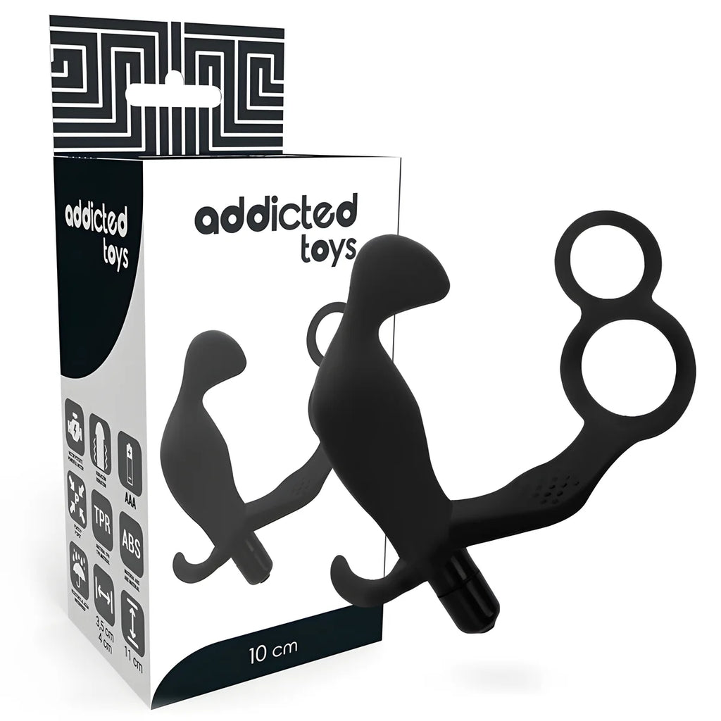 addicted toys plug anal avec double anneau penis et testicules noir