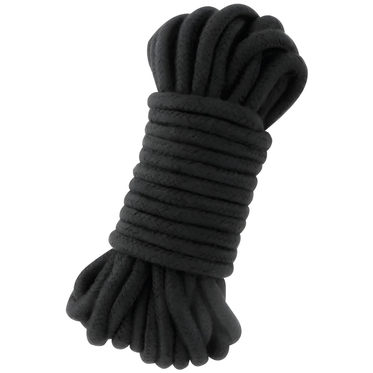 Corde de bondage japonaise en coton noir Darkness enroulee en faisceau compact. Coton doux a bonne tenue des noeuds pour les jeux de shibari, de domination et de restriction.