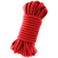 Corde de bondage japonaise en coton rouge Darkness enroulee en faisceau. Coton souple et doux pour le shibari, le bondage et l'immobilisation du corps a deux.