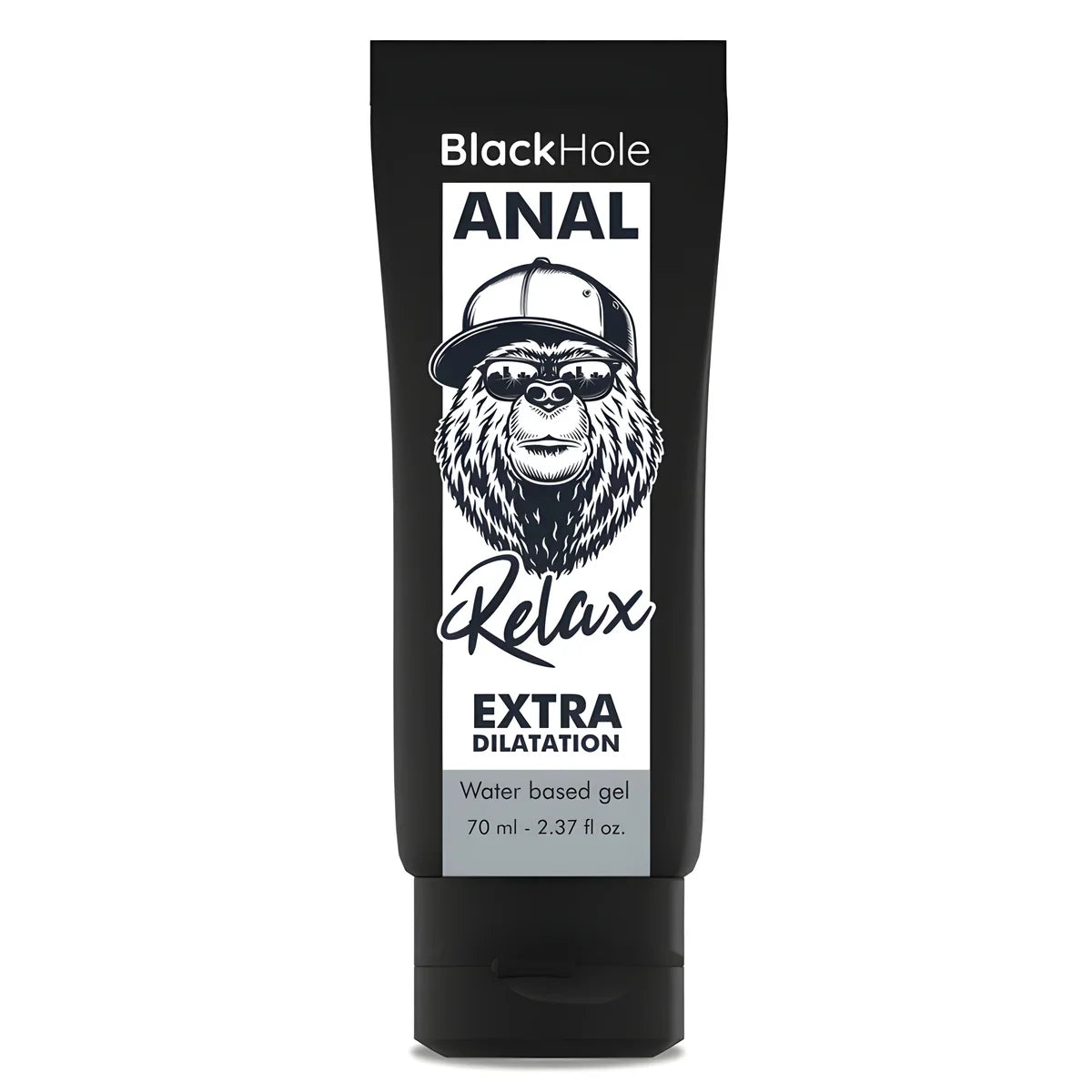 Tube de gel lubrifiant anal Black Hole Relax Extra Dilatation base eau 70 ml de face sur fond blanc, packaging noir au logo gorille casquette