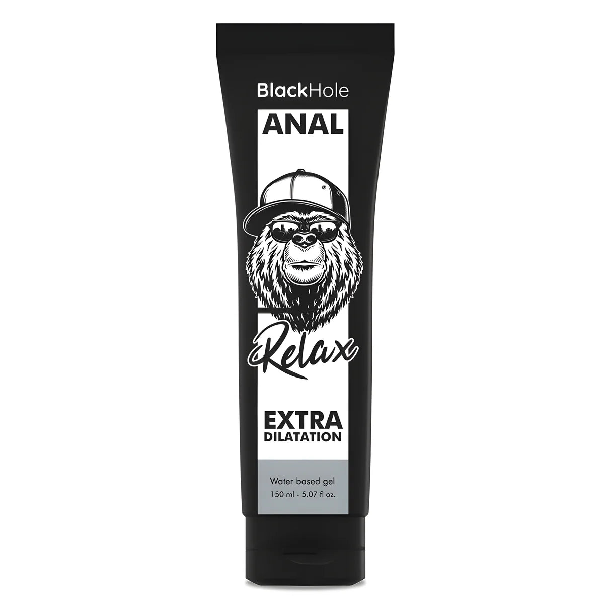 Tube de gel lubrifiant anal Black Hole Relax Extra Dilatation base eau de face sur fond blanc, packaging noir au logo gorille, mention Water Based Gel