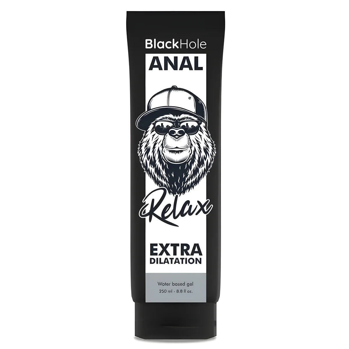 Tube de gel lubrifiant anal Black Hole Relax Extra Dilatation base eau de face sur fond blanc, gros plan packaging noir au logo gorille casquette