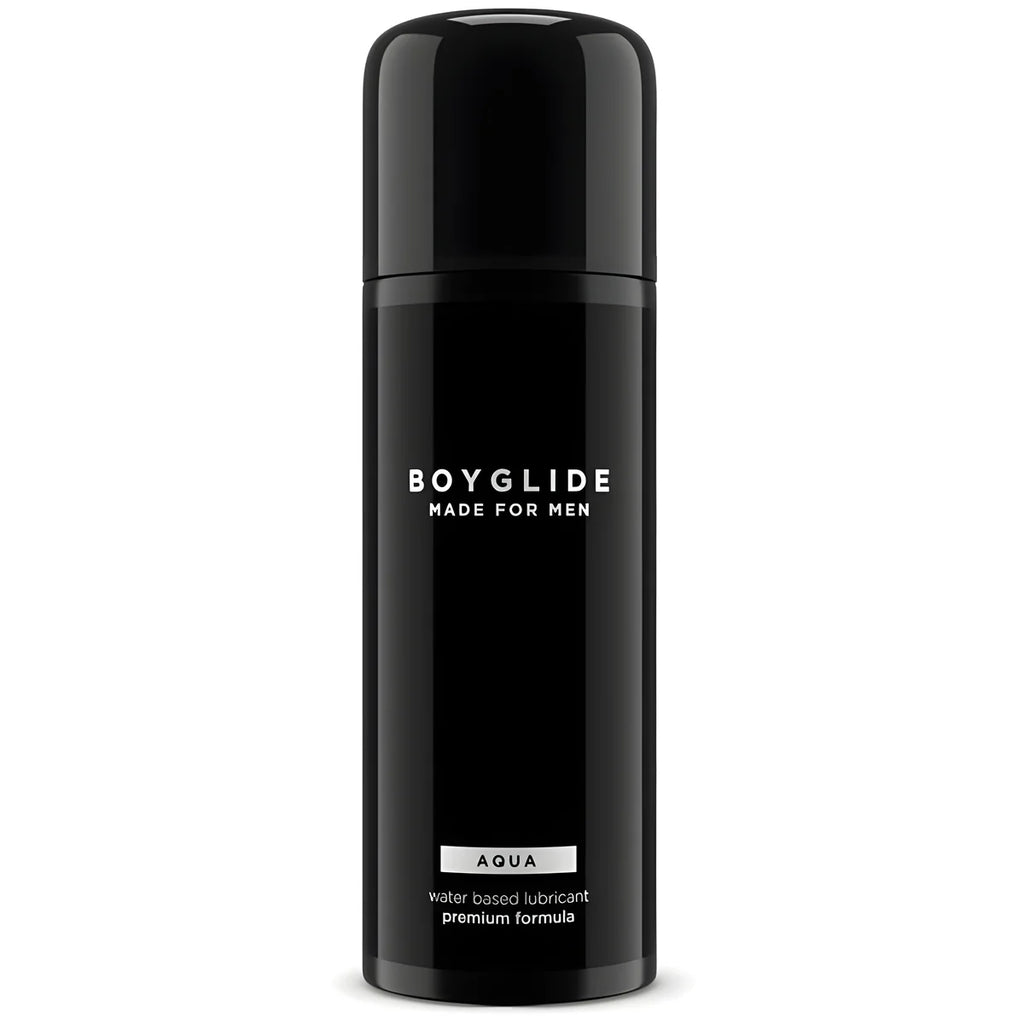 Flacon noir Boyglide Made For Men Aqua de face format compact, lubrifiant anal base eau premium, etiquette sobre, glisse douce et confort masculin durable.