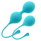 Boules de Geisha turquoise en silicone, une simple et une double reliees par un cordon de retrait, kit de Kegel progressif pour tonifier le perinee.