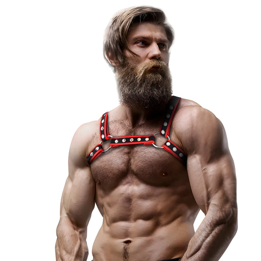 fetish submissive attitude harnais poitrine bulldog en cuir ecologique pour hommes noir rouge