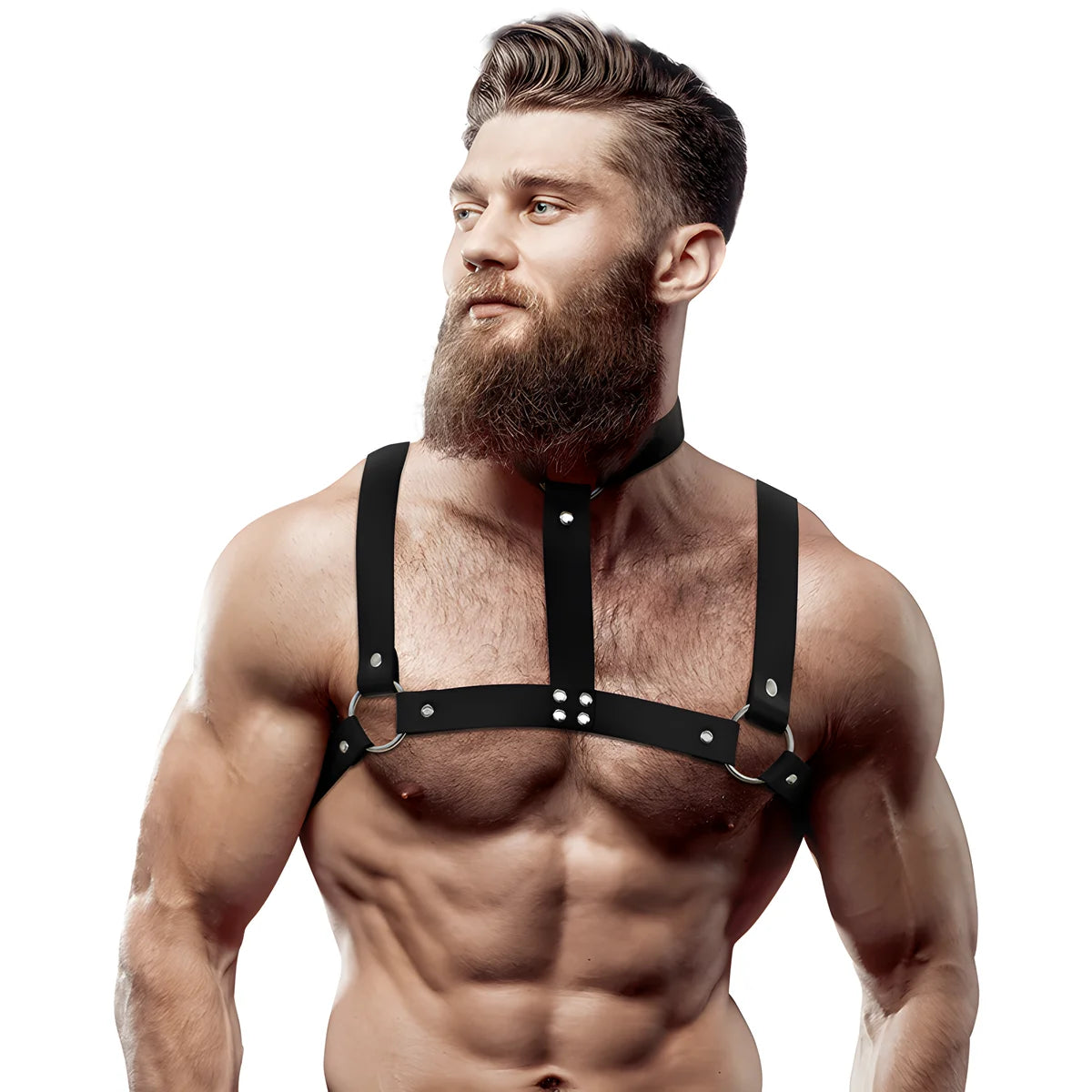 fetish submissive attitude harnais poitrine ajustable en cuir ecologique avec collier pour hommes