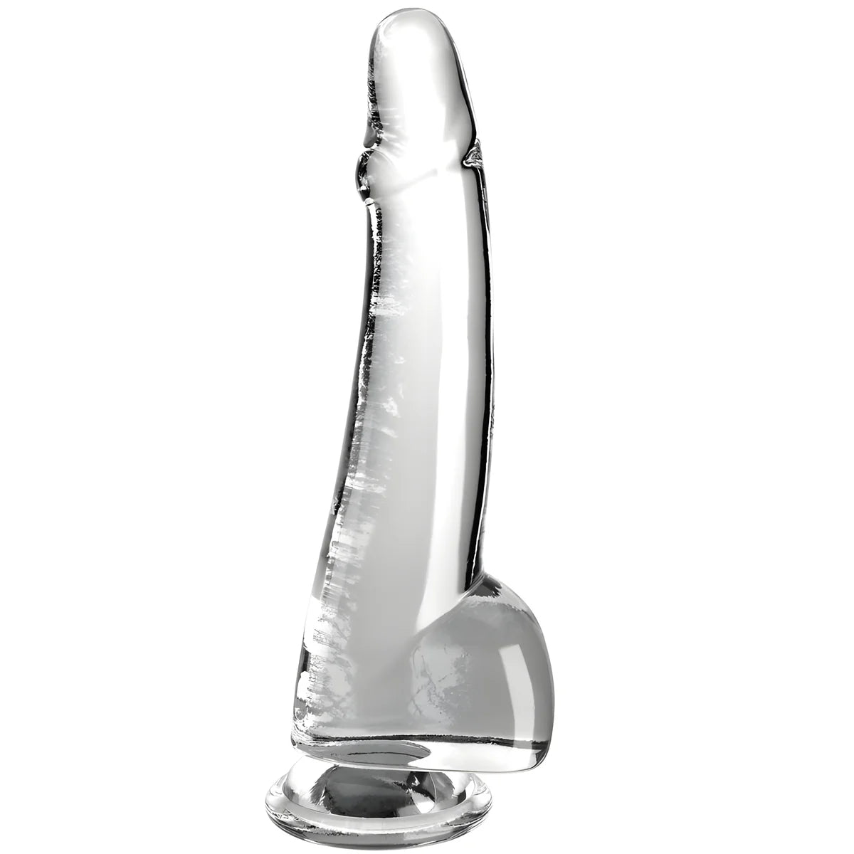 Gode realiste translucide incolore avec testicules et base ventouse, relief veineux et gland visibles dans le TPE cristal limpide, vue de profil, modele King Cock Clear effet transparent.