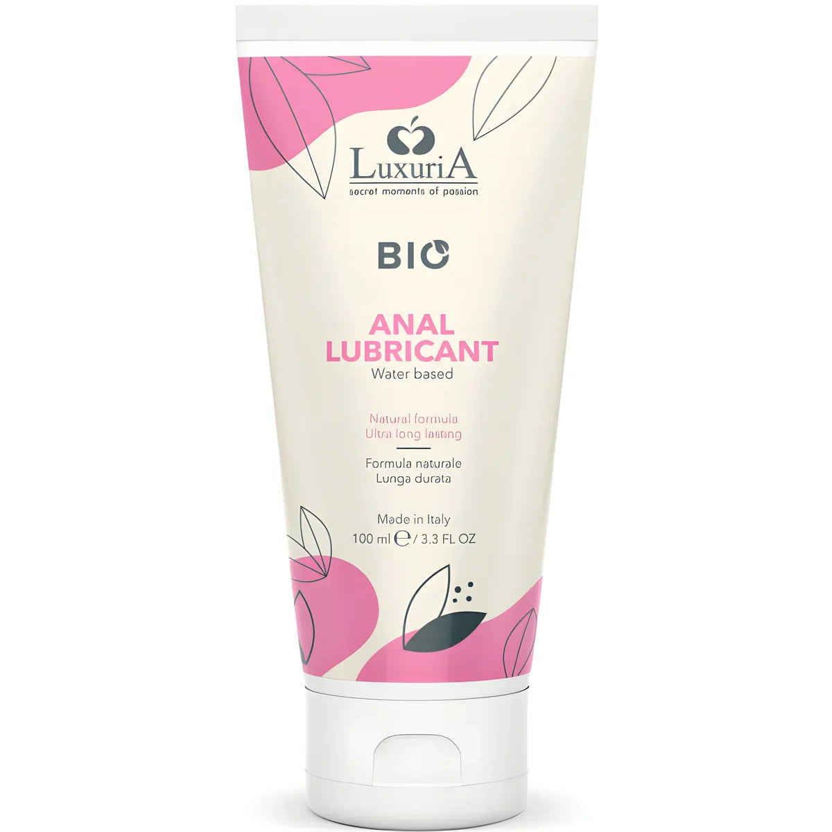 Tube Luxuria Bio Anal Lubricant 100 ml vu de face, lubrifiant anal base eau formule naturelle ultra longue duree, etiquette claire et rose made in Italy.