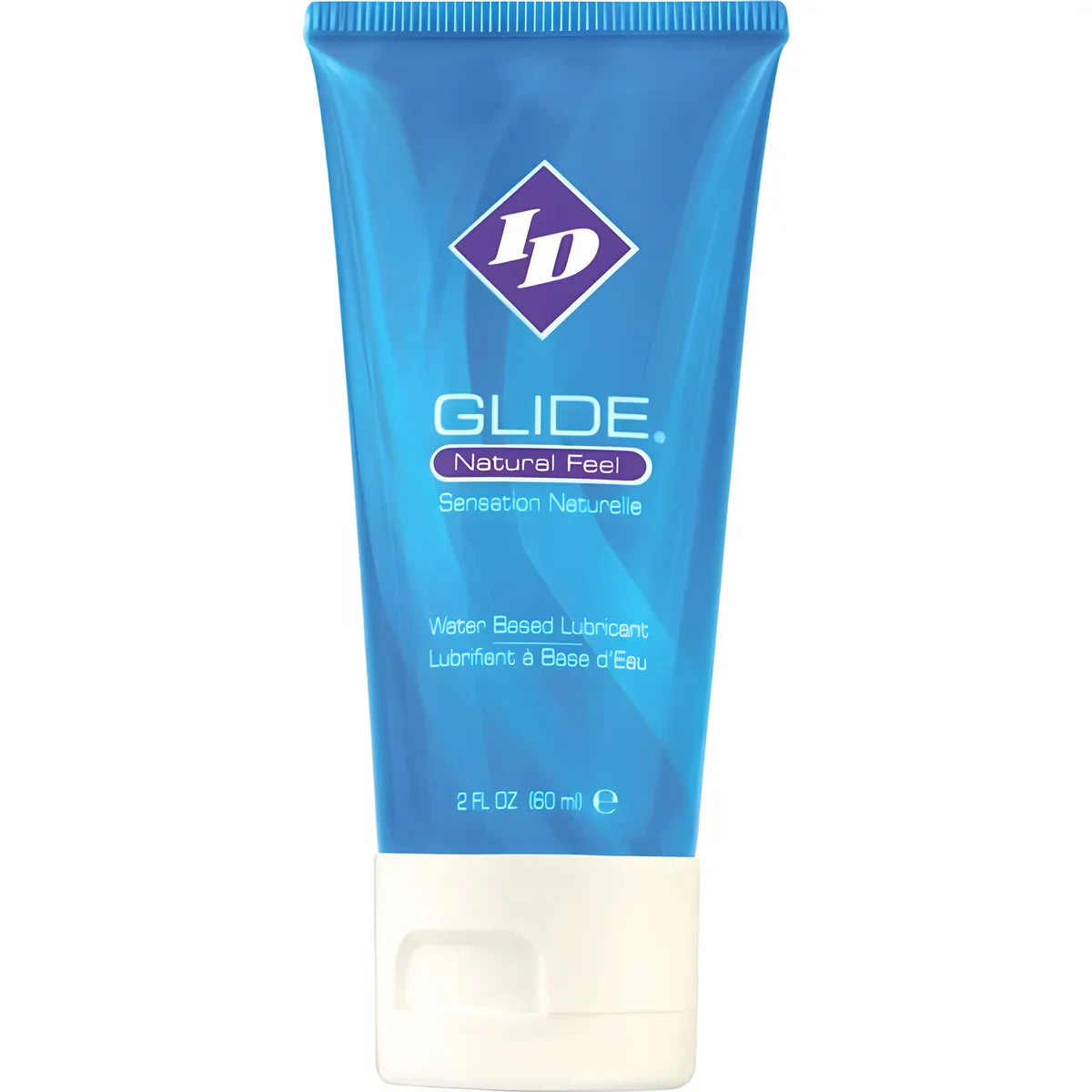 Tube ID Glide Natural Feel 60 ml bleu vue de face, lubrifiant base eau sensation naturelle longue tenue, bouchon blanc compatible sextoys