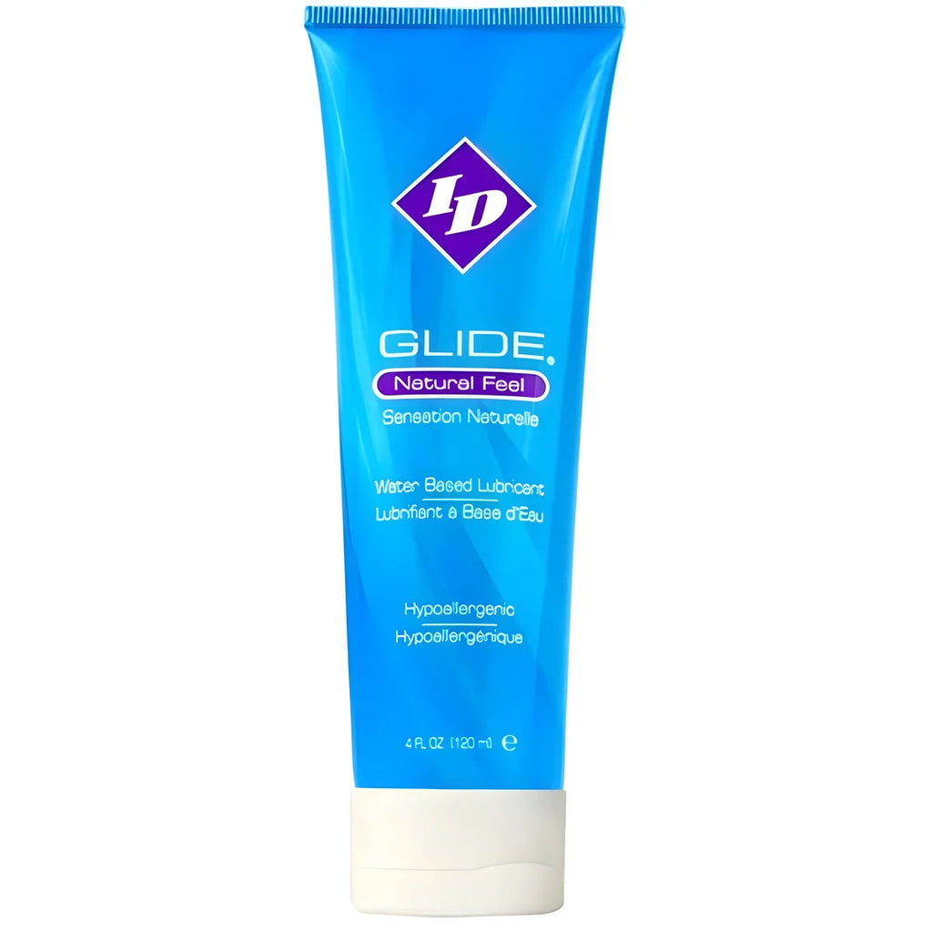 Grand tube ID Glide Natural Feel 120 ml bleu, lubrifiant base eau hypoallergenique glisse soyeuse durable, compatible preservatifs et silicone