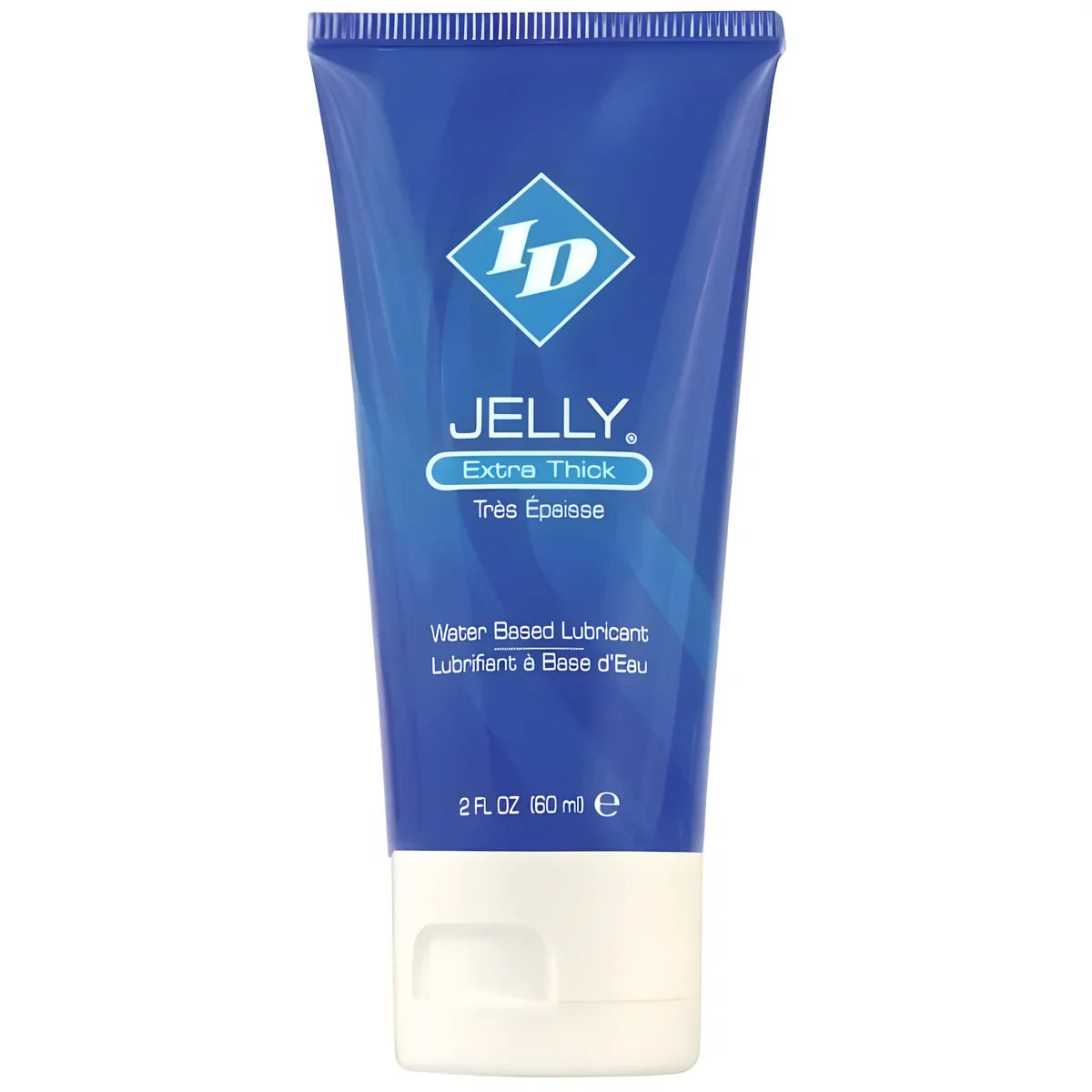 Tube ID Jelly Extra Thick 60 ml bleu de face, lubrifiant base eau gel epais qui reste en place, etiquette tres epaisse bouchon blanc