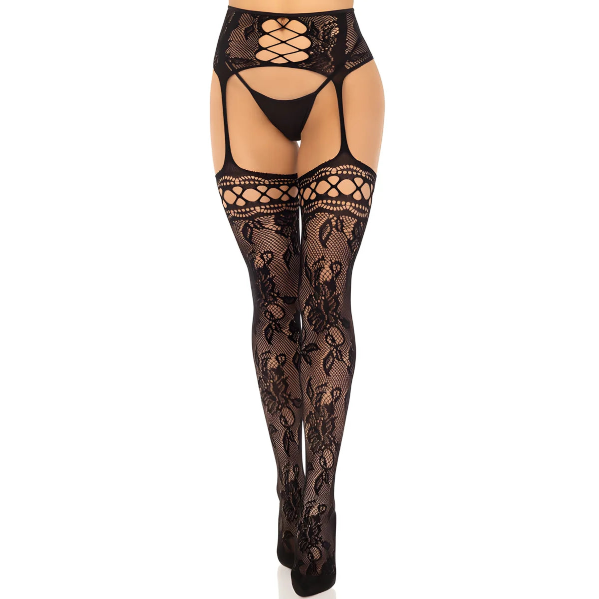 leg avenue bas jarretiere dentelle florale noir