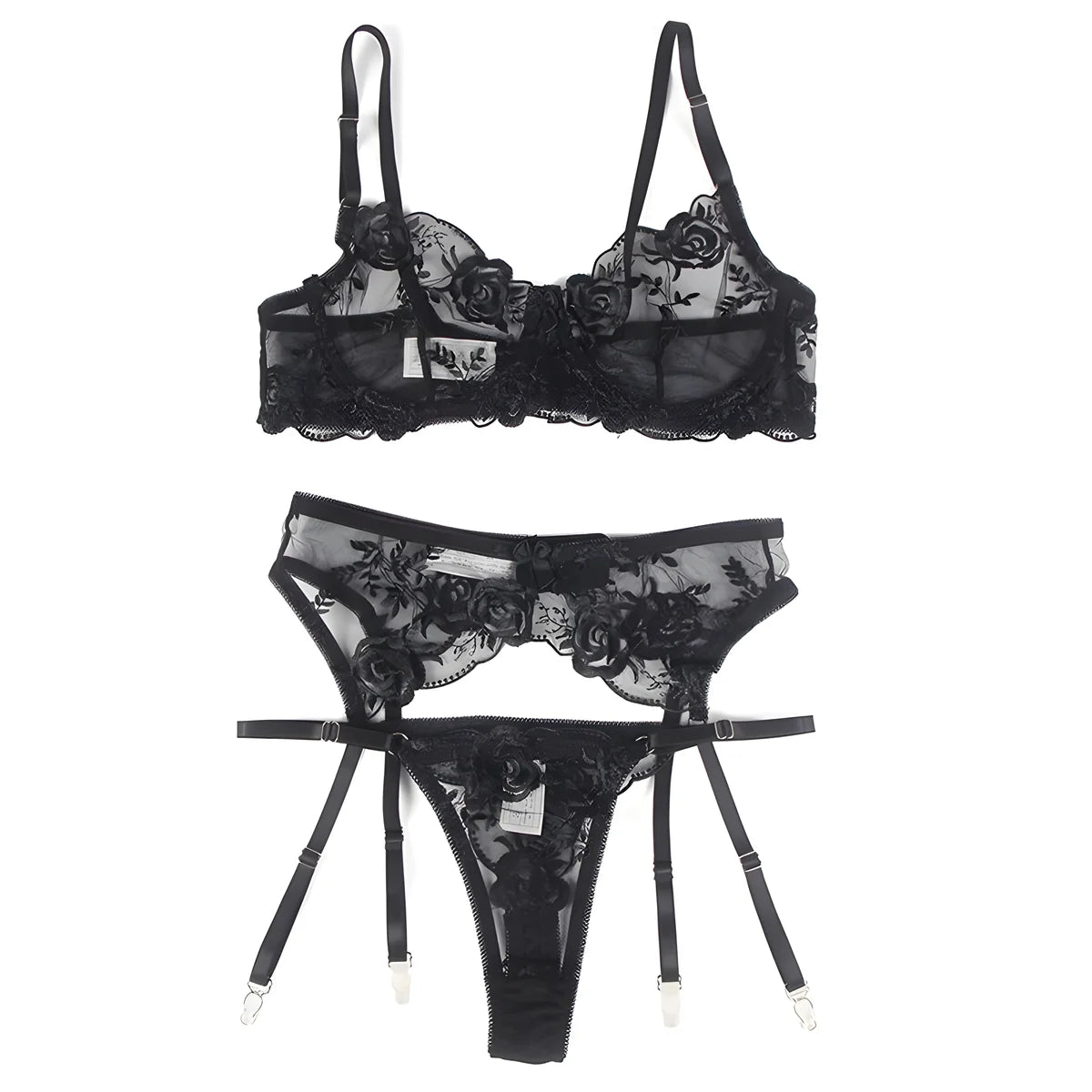 subblime ensemble 3 pieces soutien gorge string jarretiere imprime floral noir s m