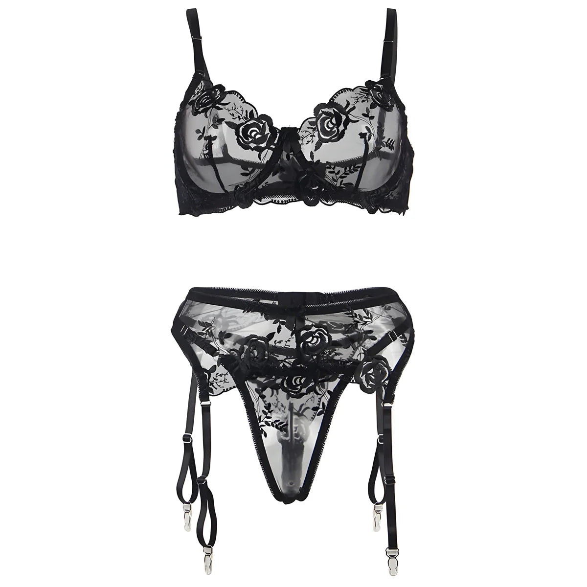 subblime ensemble 3 pieces soutien gorge string jarretiere imprime floral noir s m